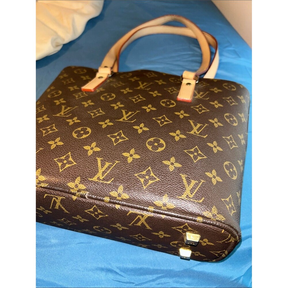 LV Design LV Logo Monogram Lined Canvas Tote Natural Red Lined 2 Straps Pocket - Picture 2 of 10